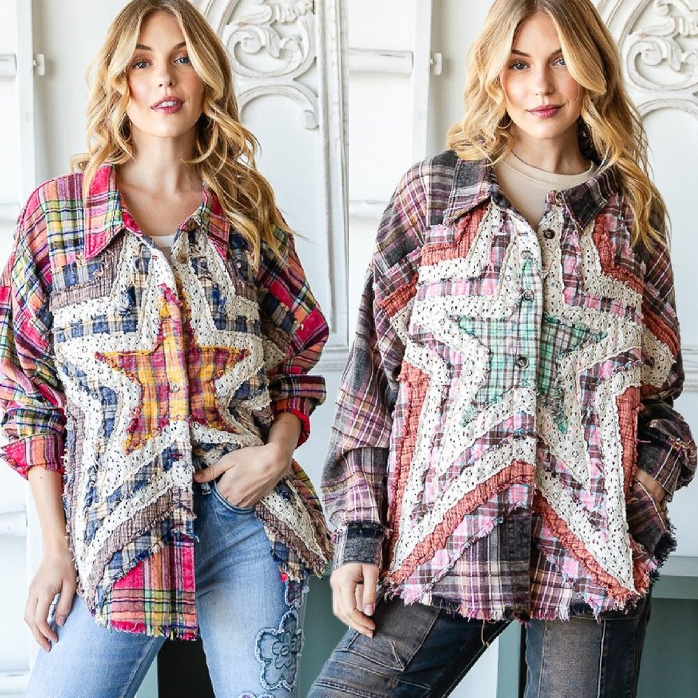 Oli & Hali Washed Star Plaid Shirt in Pink/Blue - Picture 5 of 5
